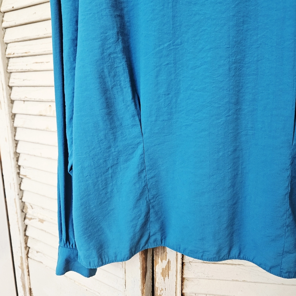 Vintage 80s Teal Blue High Neck Blouse With Gathered Shoulders Small/Medium - Picture 10 of 11